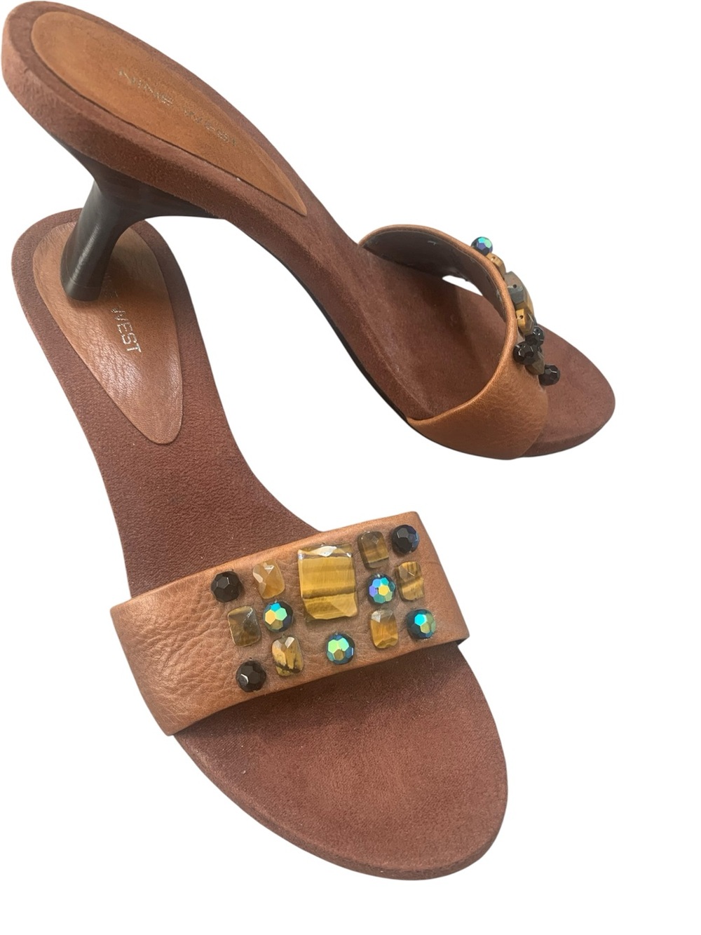 Nine West Bohemian Style Embellished Brown Leather Slide Sandals - Women - Picture 2 of 15